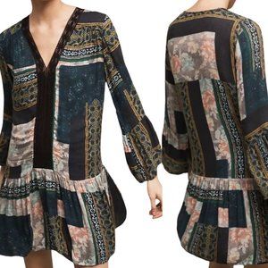 Anthropologie Maeve Patchwork Tunic Dress Boho Peasant Bell Sleeve With Slip S